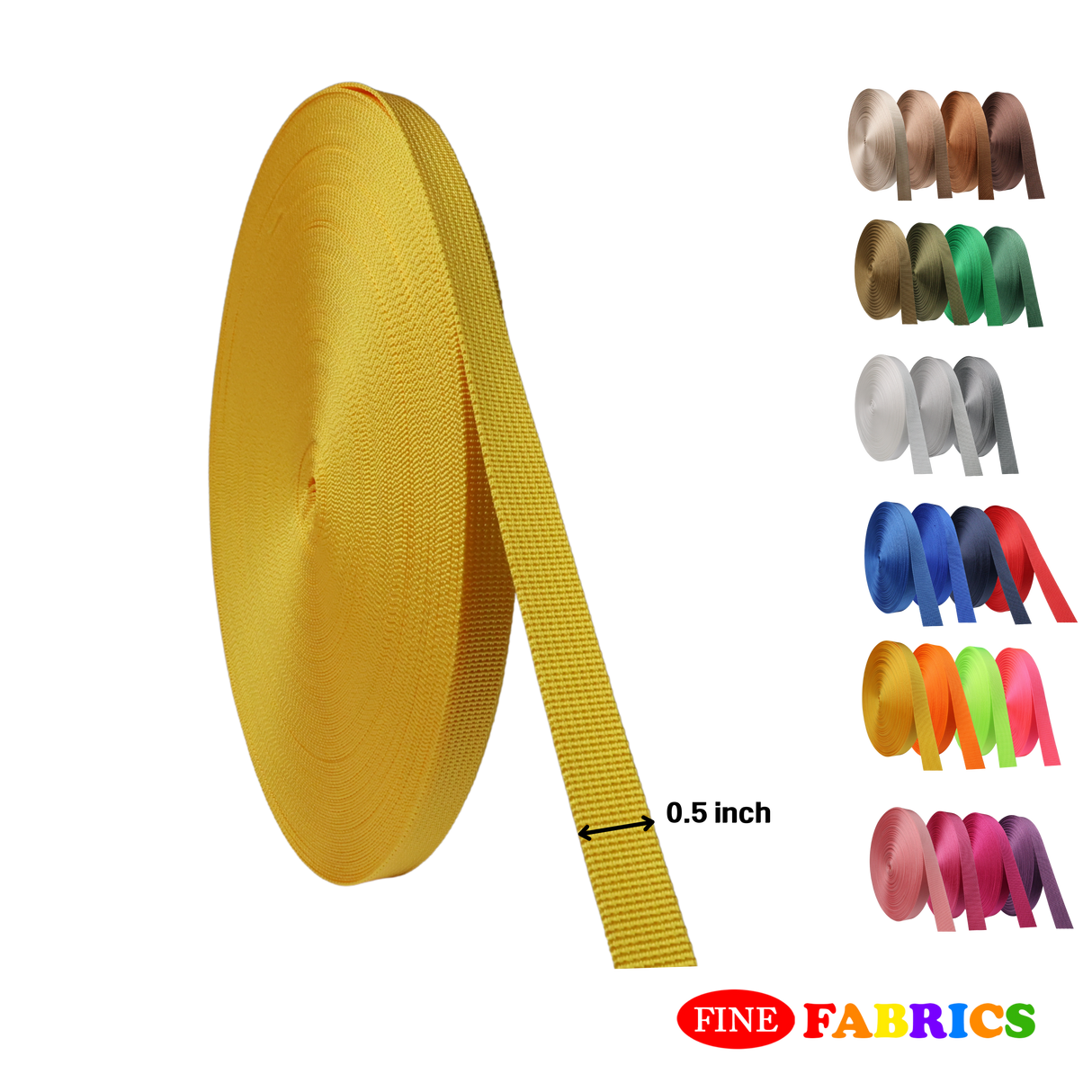 Webbing Straps: Heavy-Duty Nylon Back Strap 0.5", 25 Colors, 5/10/25/50 Yards
