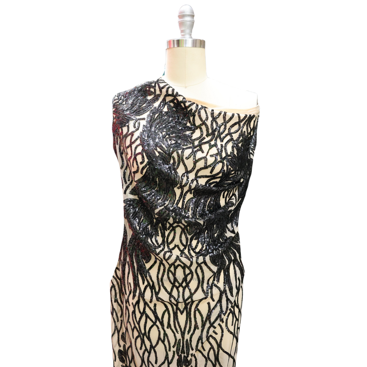 Black Sequin(Nude Base) Embroidered Mesh Fabric(#SPI16) By the Yard