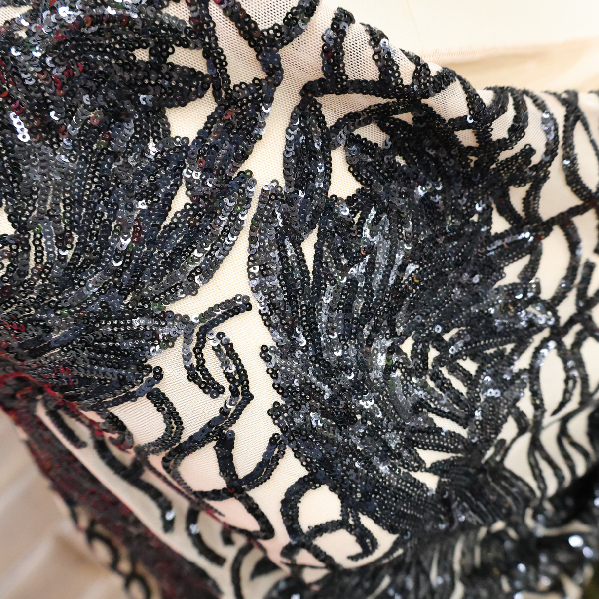 Black Sequin(Nude Base) Embroidered Mesh Fabric(#SPI16) By the Yard