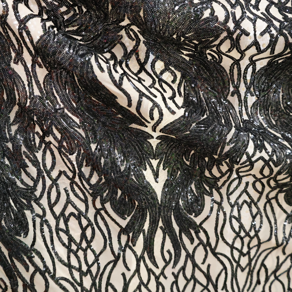 Black Sequin(Nude Base) Embroidered Mesh Fabric(#SPI16) By the Yard