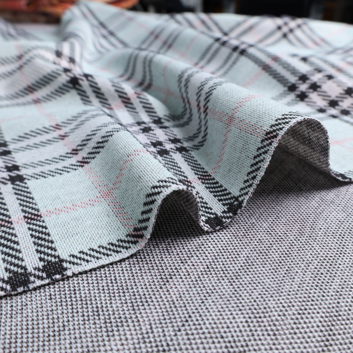 Stretch Plaid Double Knit Fabric(Mint / Pink / Black) - By the Yard