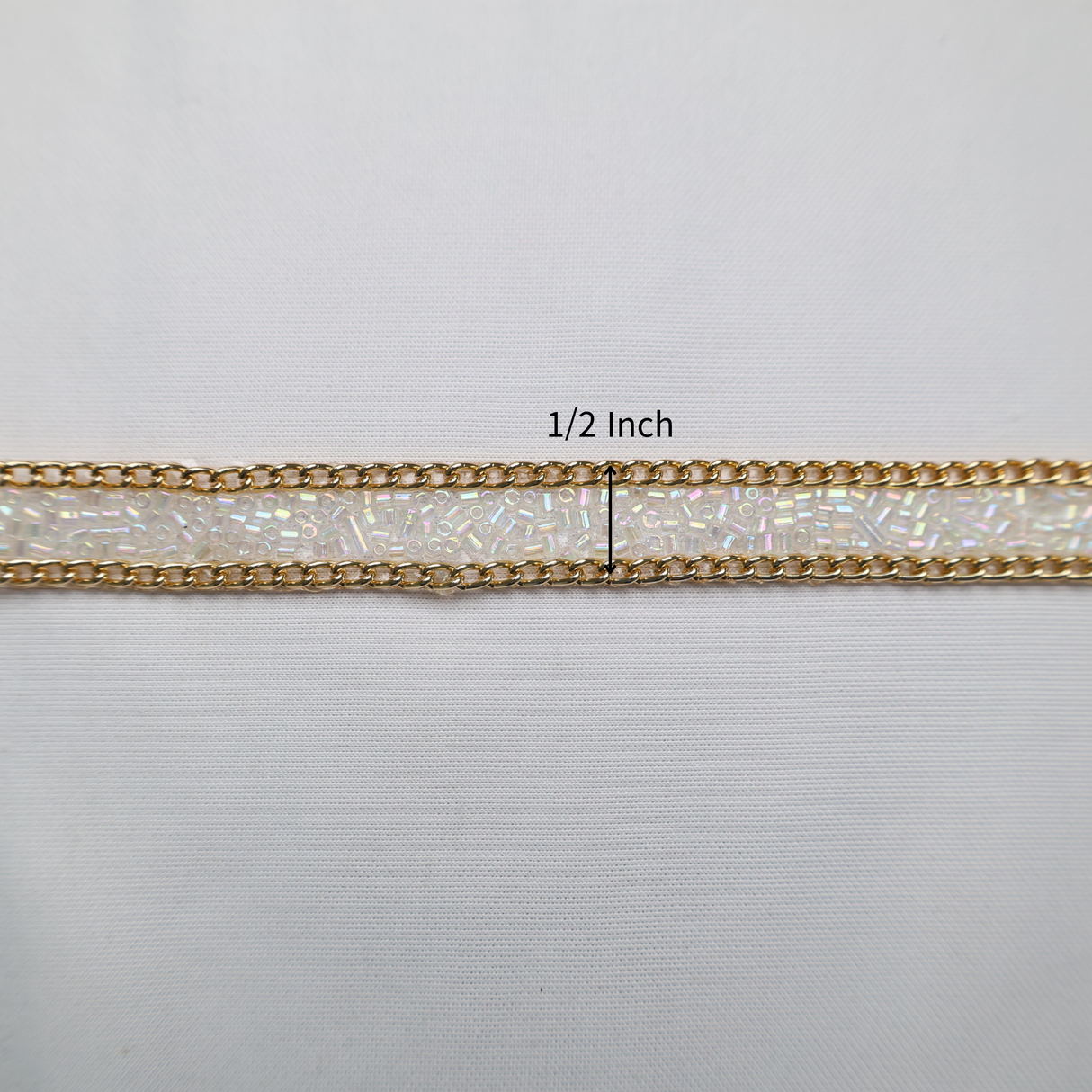 Iridescent Bugle Bead & Gold Chain Trim - 0.5 Inch/10YDS (#CRY01)