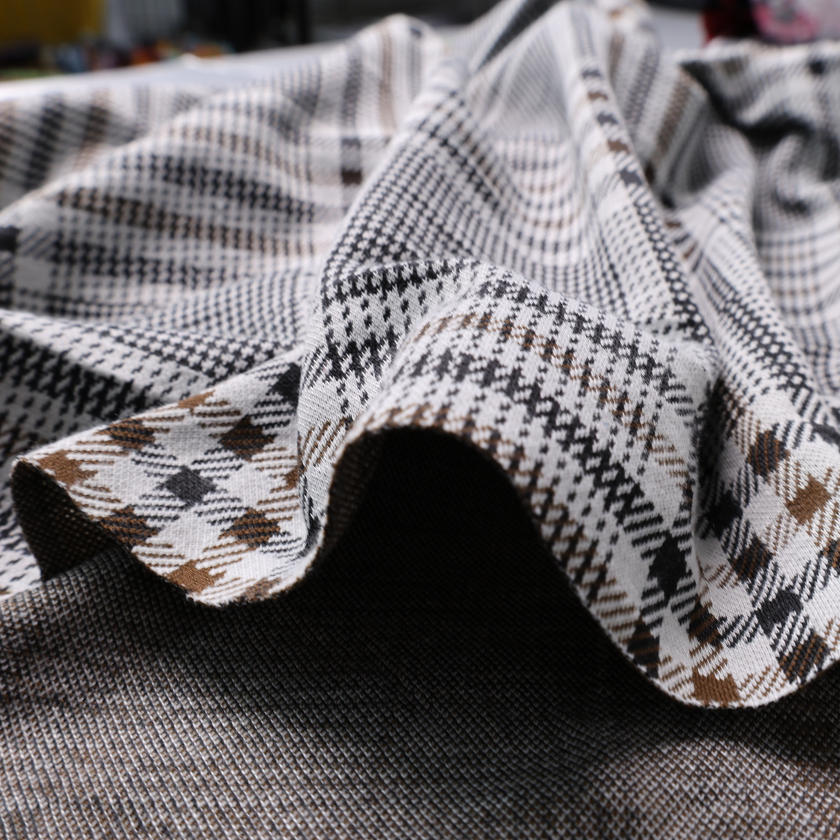 Stretch Plaid Double Knit Fabric (Brown / Black / Cream) - By the Yard