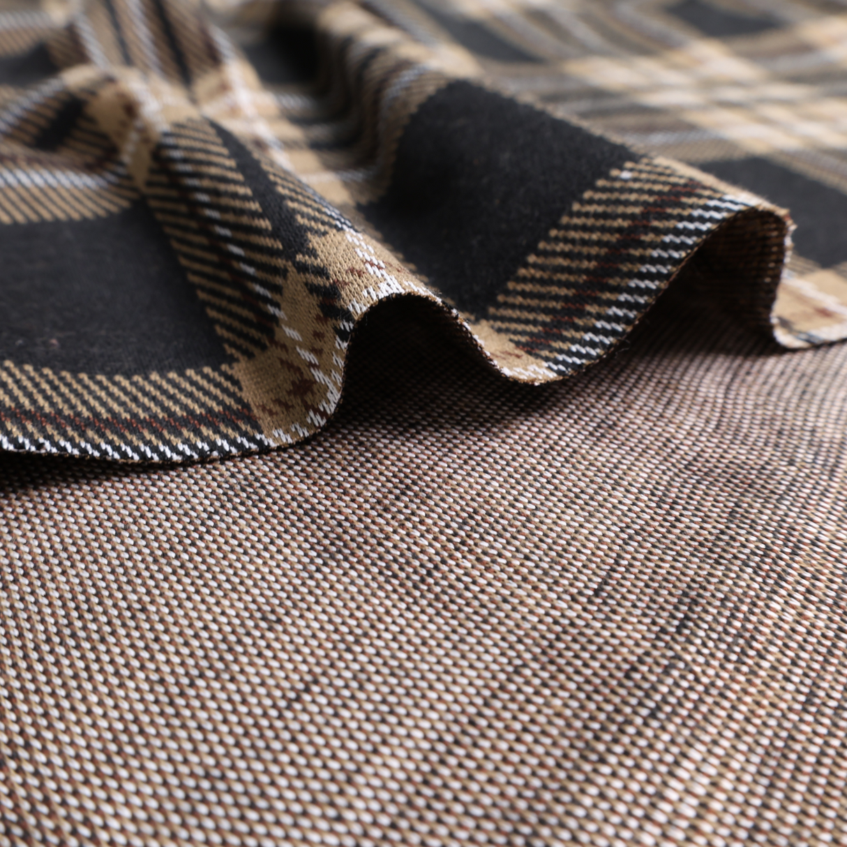 Stretch Plaid Double Knit Fabric (Beige/Black) - By the Yard