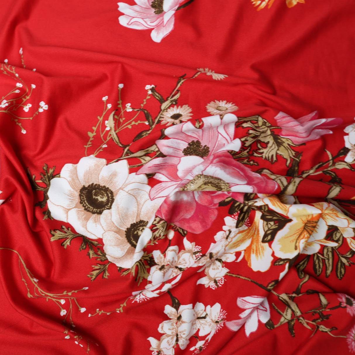 Red Floral Double Brushed Poly Spandex Jersey Knit Fabric – By the Yard