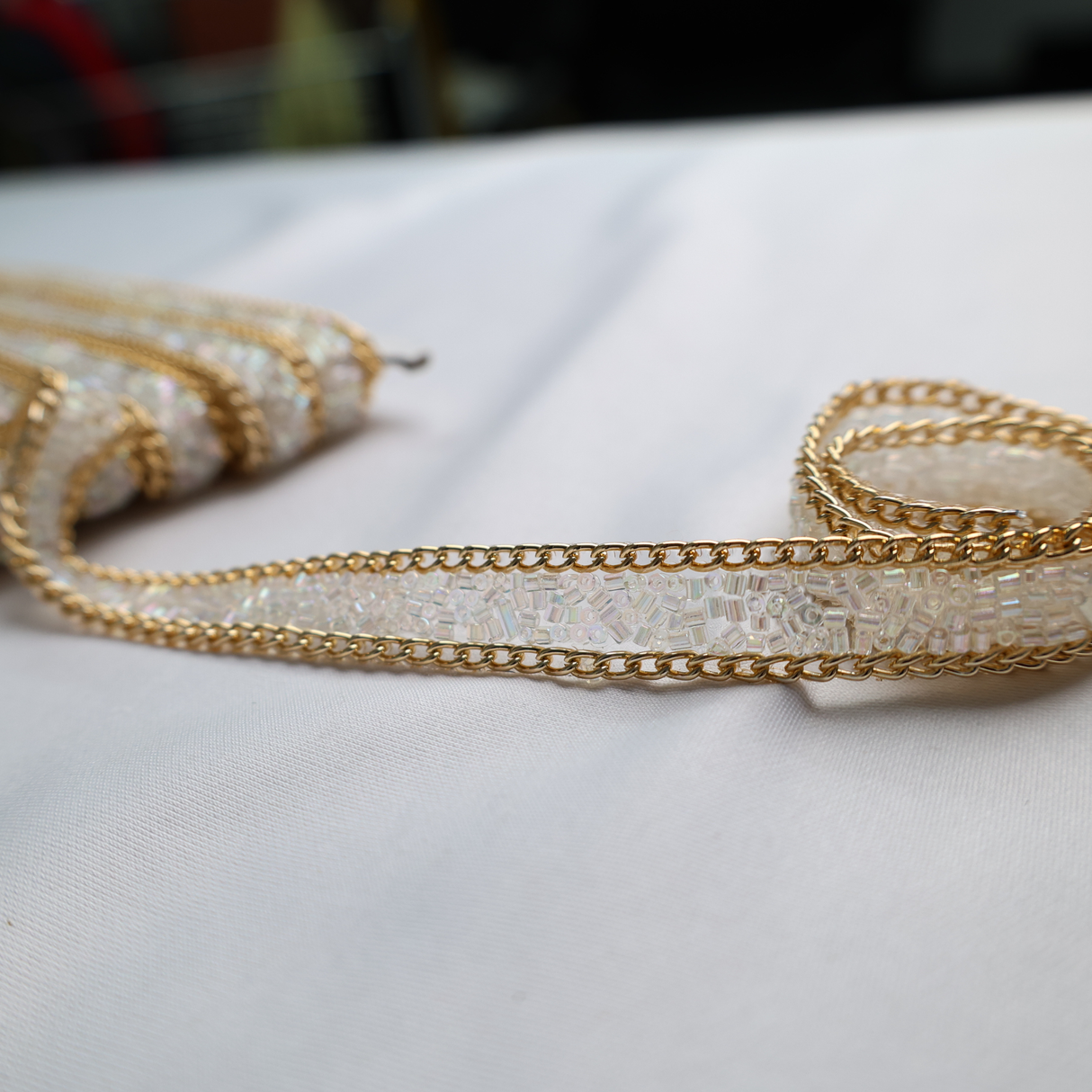 Iridescent Bugle Bead & Gold Chain Trim - 0.5 Inch/10YDS (#CRY01)