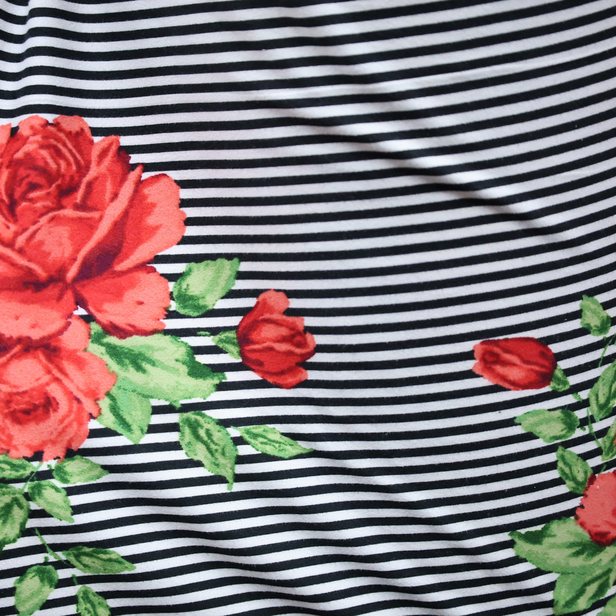 Double Brushed Jersey Knit Fabric,Black/White Stripe with Red Rose Floral(#IT611) - By The Yard
