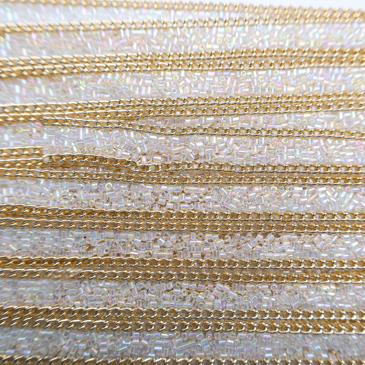 Iridescent Bugle Bead & Gold Chain Trim - 0.5 Inch/10YDS (#CRY01)