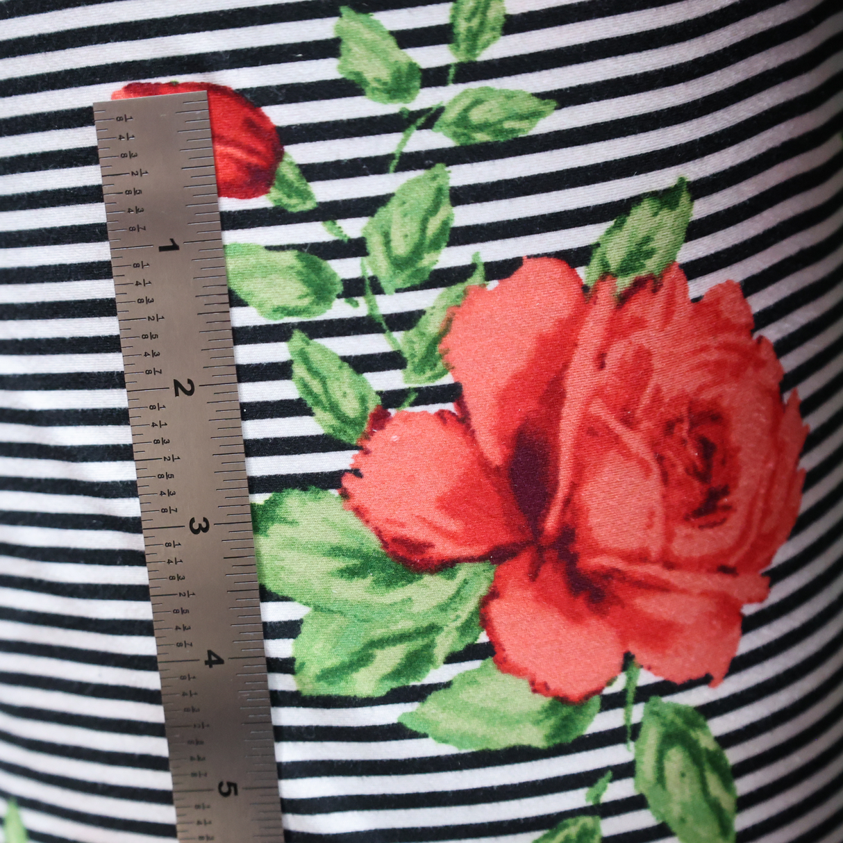 Double Brushed Jersey Knit Fabric,Black/White Stripe with Red Rose Floral(#IT611) - By The Yard