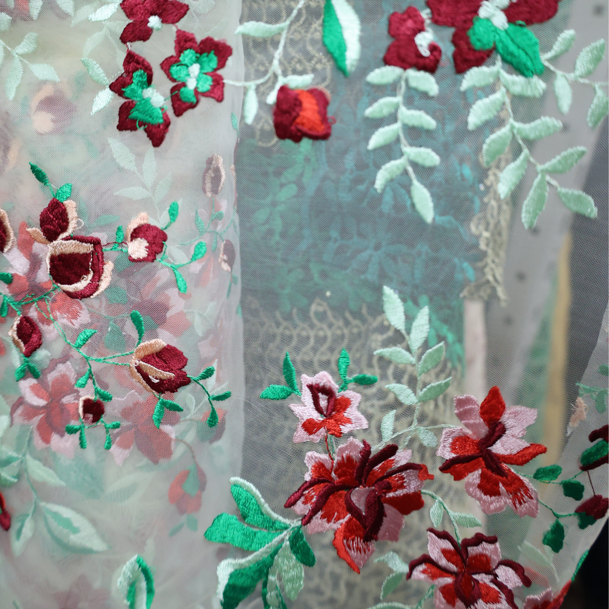 Embroidered Lace Fabric with Multicolor Floral, By the Yard