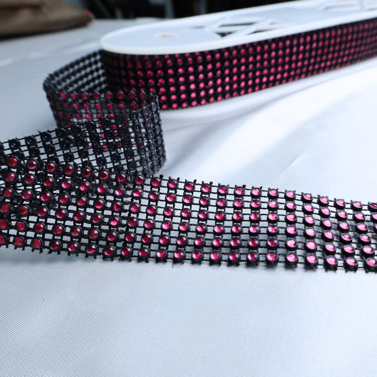Rhinestone Mesh Trim – Hot Pink on Black, 27mm Wide (10 Yards)