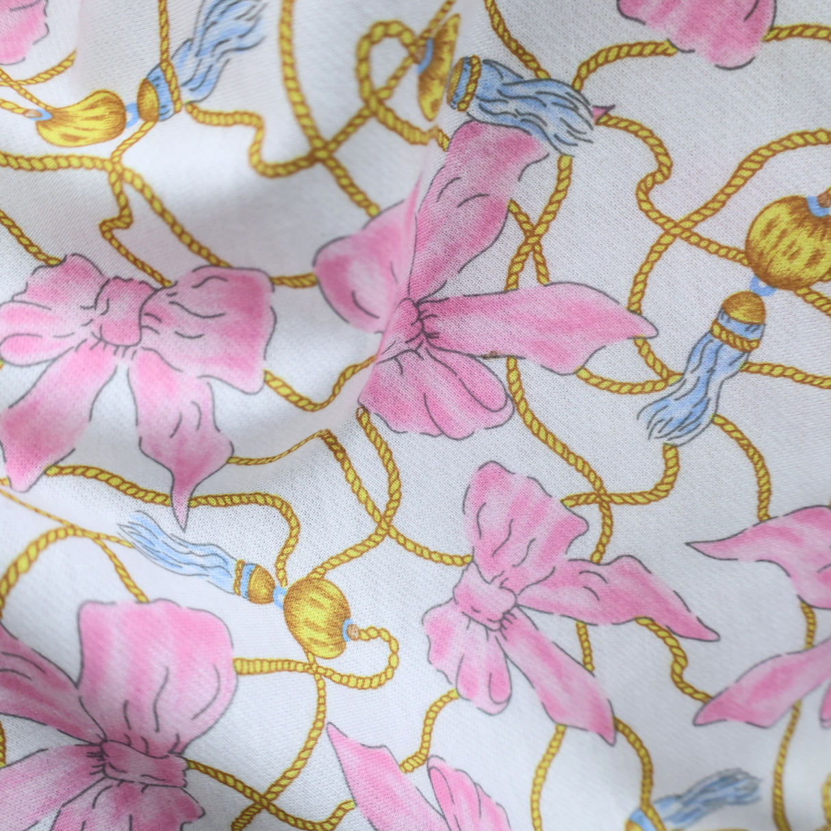 Cotton Poly Brushed Back Fleece Pink Bow & Rope Pattern Fabric - By The Yard