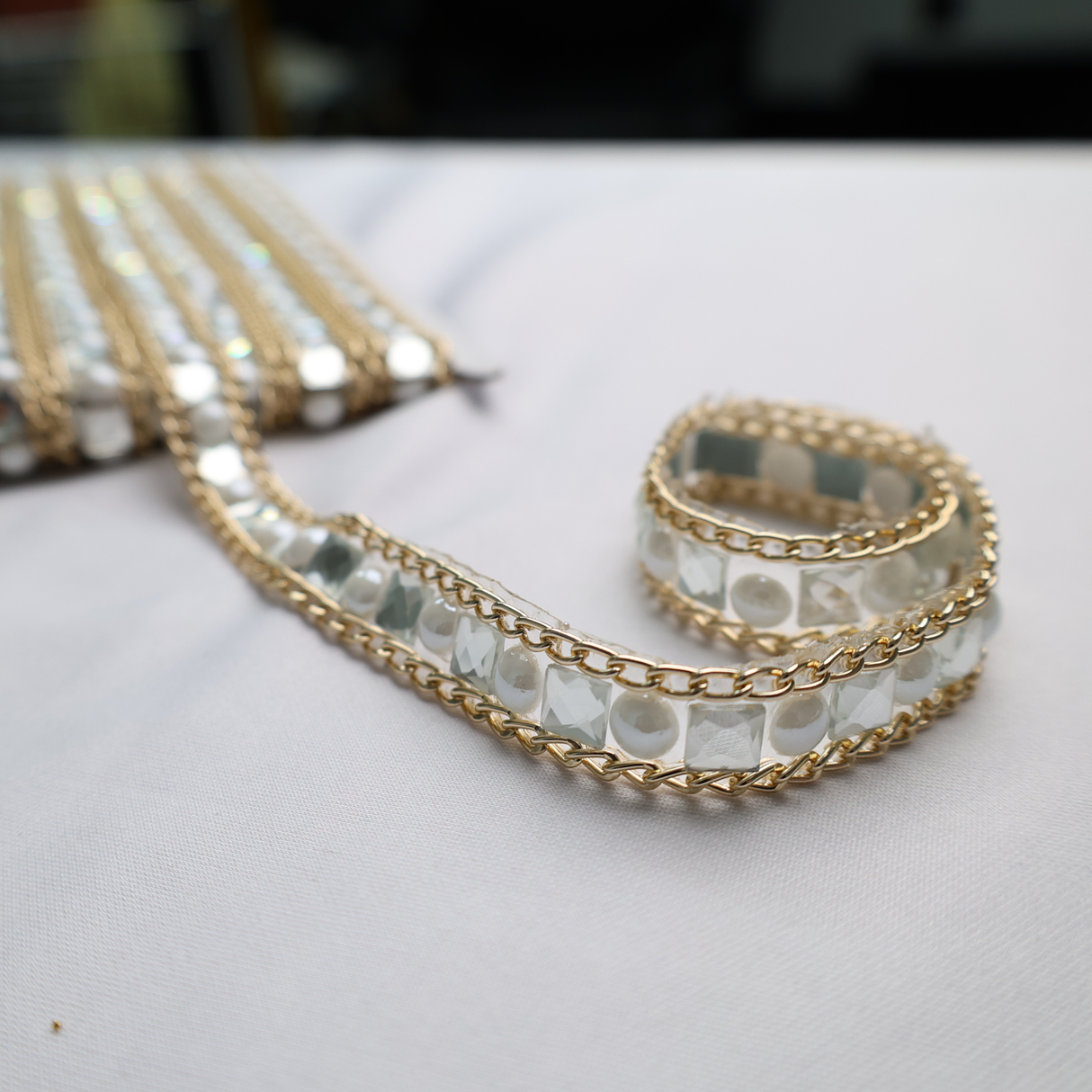 Rhinestone Beaded Chain Trim Ribbon - 10 Yds, Crystal-Golden