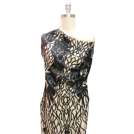 Black Sequin(Nude Base) Embroidered Mesh Fabric(#SPI16) By the Yard