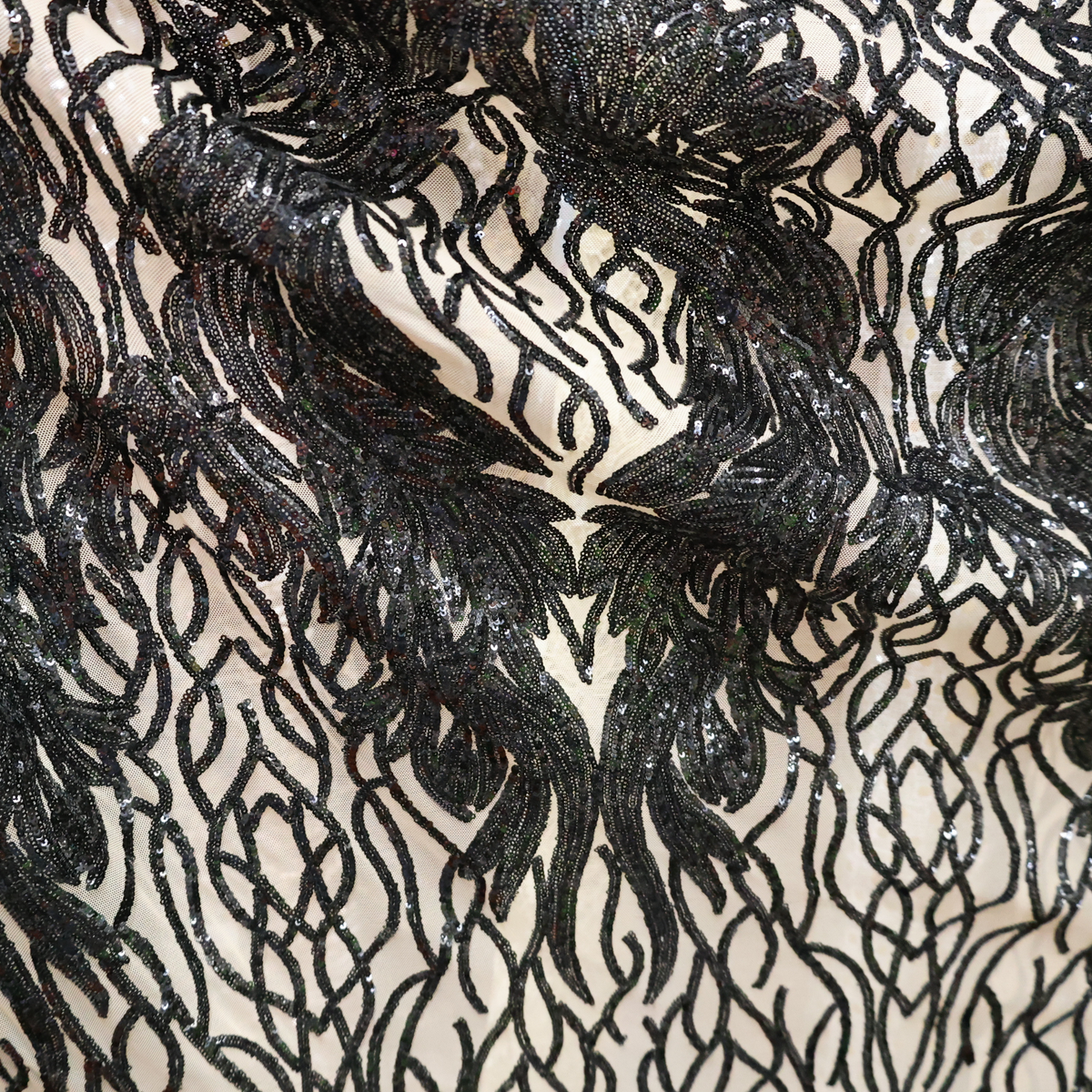 Black Sequin(Nude Base) Embroidered Mesh Fabric(#SPI16) By the Yard