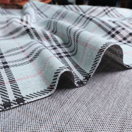 Stretch Plaid Double Knit Fabric(Mint / Pink / Black) - By the Yard