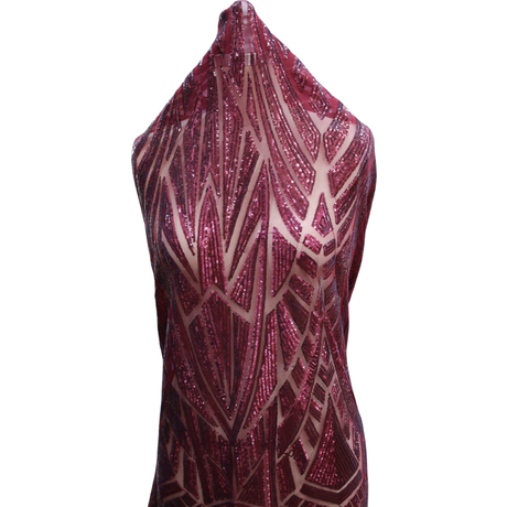 Burgundy Geometric Sequin Mesh Fabric(#SPI11) By the Yard