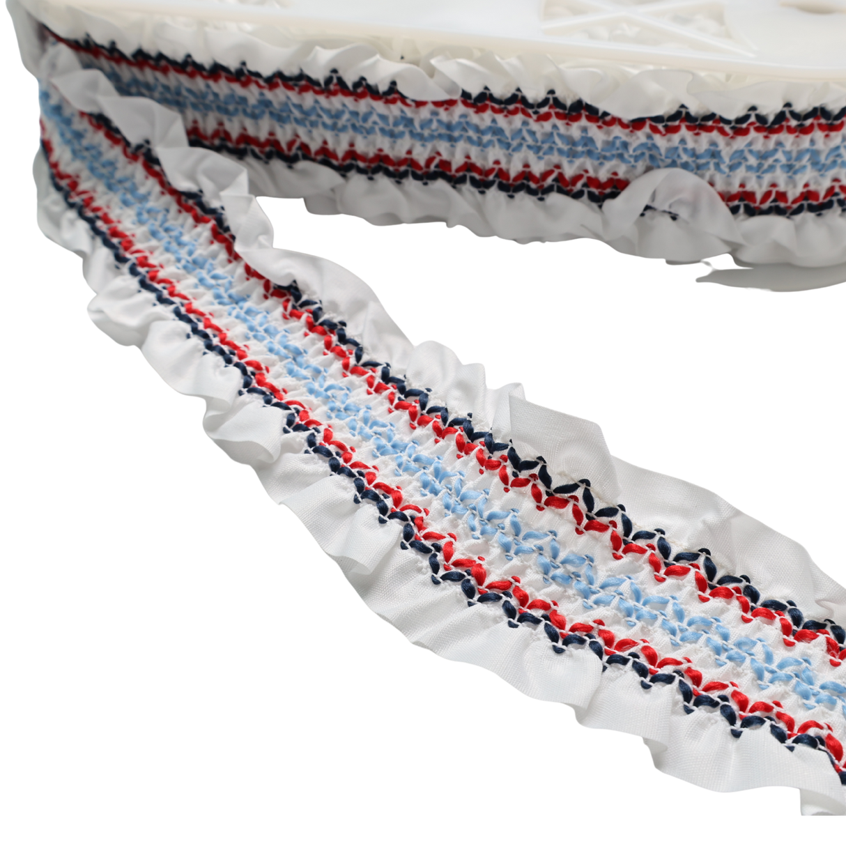 White Smocked Embroidered Ruffle Trim – 2 1/4" / 10 Yards