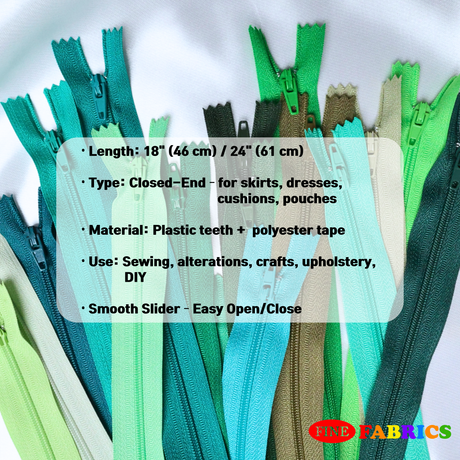5 / 10 pcs Zippers – Assorted Colors, 18"/ 24", Closed-End, Durable Polyester & Plastic Teeth for Sewing, Crafts, DIY Projects