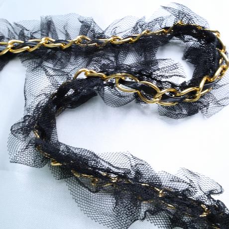 Black Ruffled Mesh Chain Trim – 2" / 8 Yards