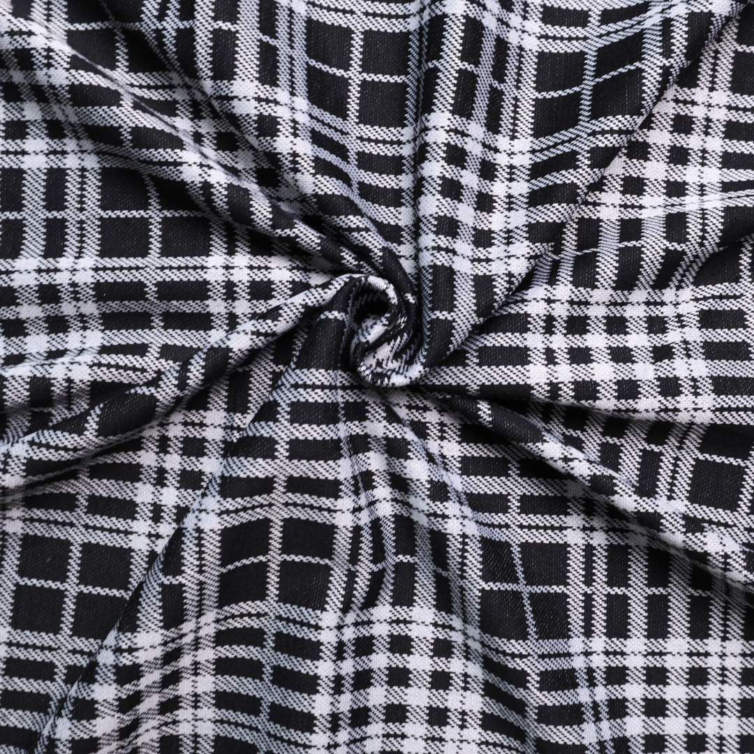 Stretch Plaid Double Knit Fabric ( Black /  White ) - By the Yard