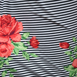 Double Brushed Jersey Knit Fabric,Black/White Stripe with Red Rose Floral(#IT611) - By The Yard