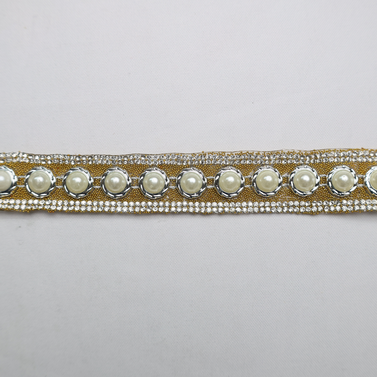 Pearl & Rhinestone Trim with Silver Settings- 1 Inch/10YDS (#CRY21)