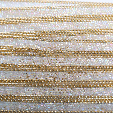 Iridescent Bugle Bead & Gold Chain Trim - 0.5 Inch/10YDS (#CRY01)