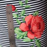 Double Brushed Jersey Knit Fabric,Black/White Stripe with Red Rose Floral(#IT611) - By The Yard