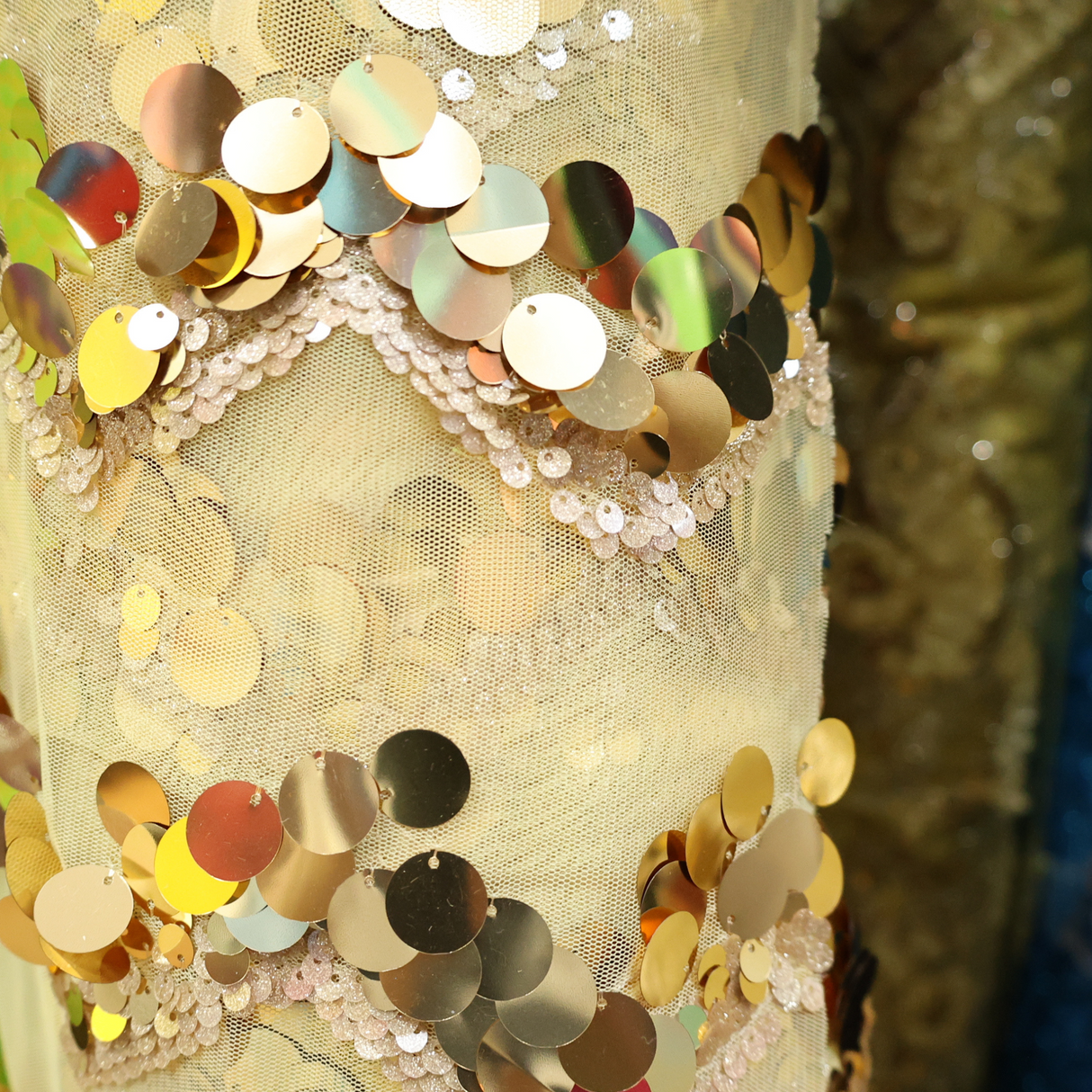 Sequin Mesh Fabric(2 colors) – Turquoise & Gold Zigzag Design By Yard