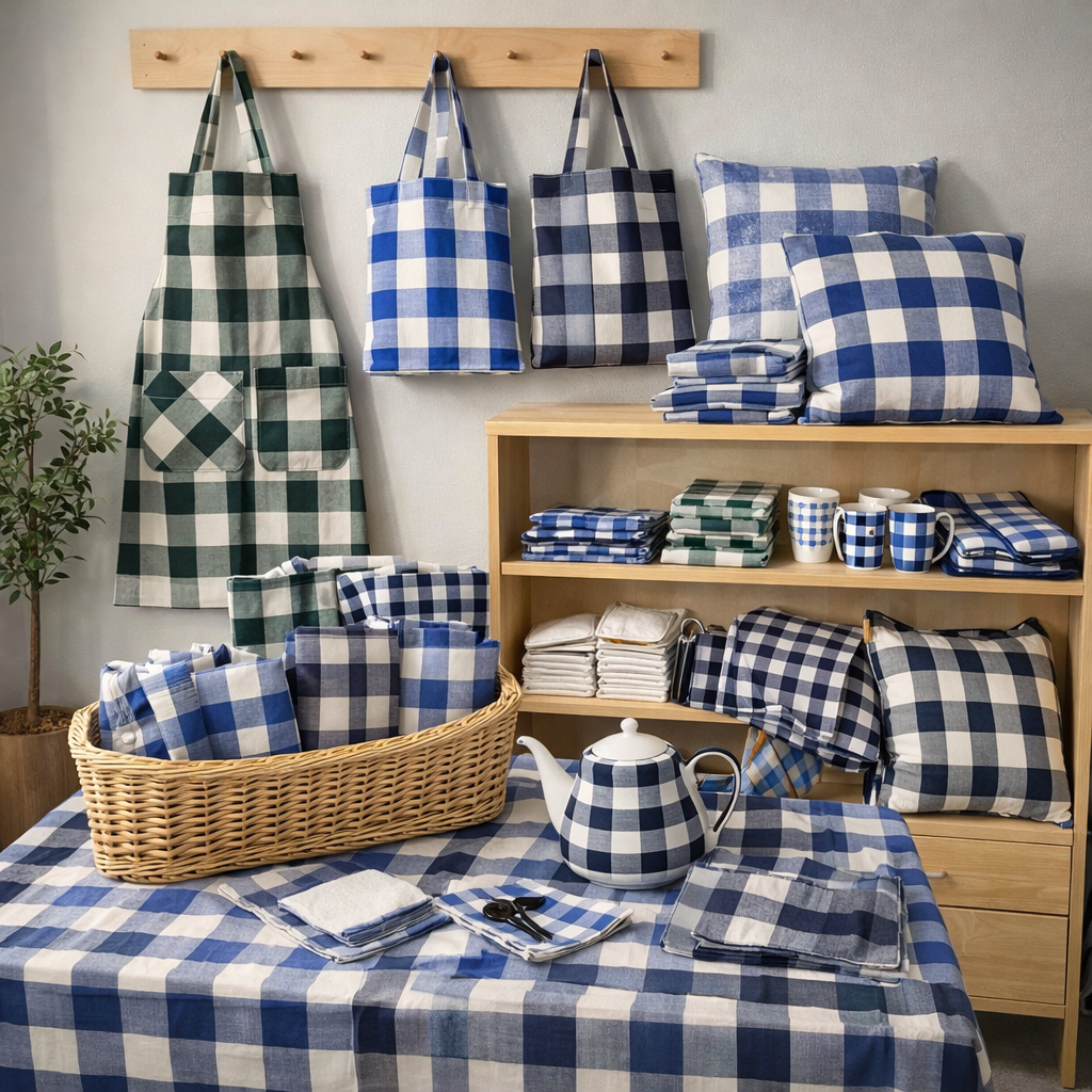 Cotton-Blend Fabric, Medium/Large Color-Block Check(3 Colors) - By the Yard