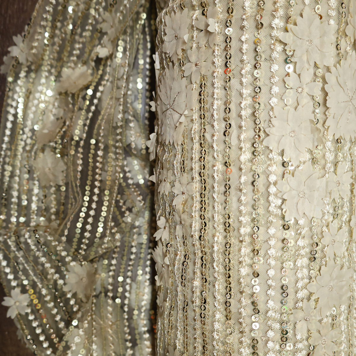 Flower Applique & Stripe Sequin Mesh Fabric – Luxury Lace(2Colors) By the Yard