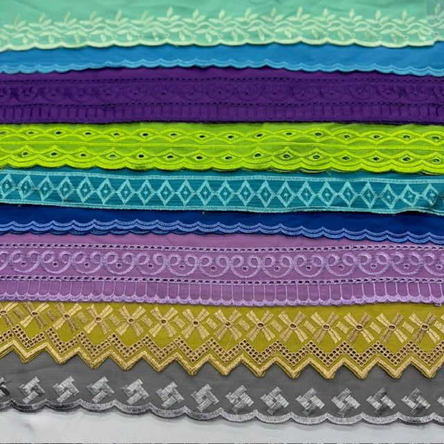 Embroidery Lace Cotton-Poly Fabric, 9 Colors, Different Patterns - By the Yard