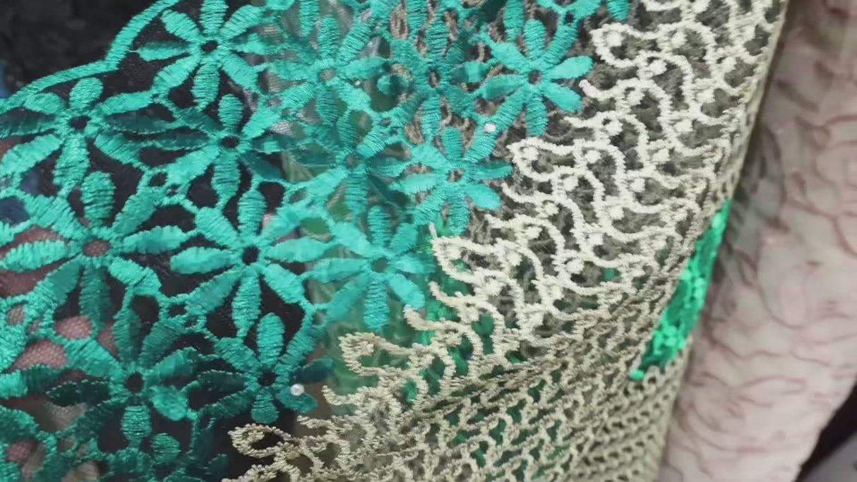 Embroidered Lace Fabric with Floral Border(#EM09) By Yard