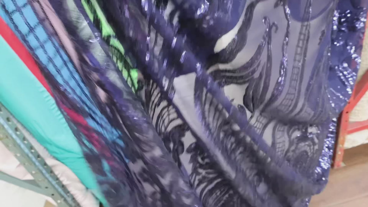 Royal Blue Baroque Stretch Sequin Mesh Fabric - By the Yard