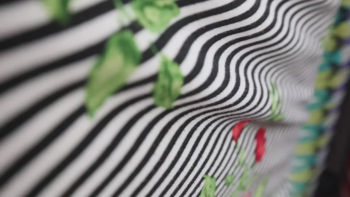 Double Brushed Jersey Knit Fabric,Black/White Stripe with Red Rose Floral(#IT611) - By The Yard