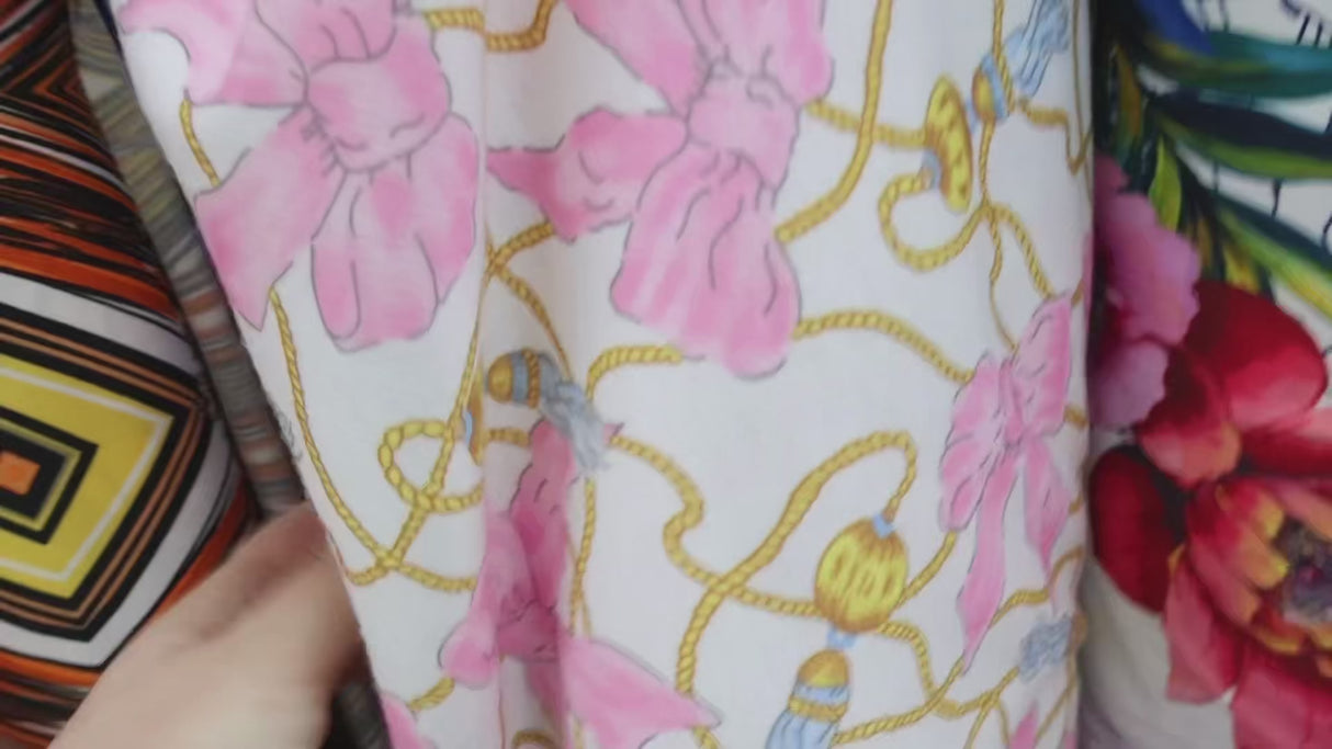 Cotton Poly Brushed Back Fleece Pink Bow & Rope Pattern Fabric - By The Yard