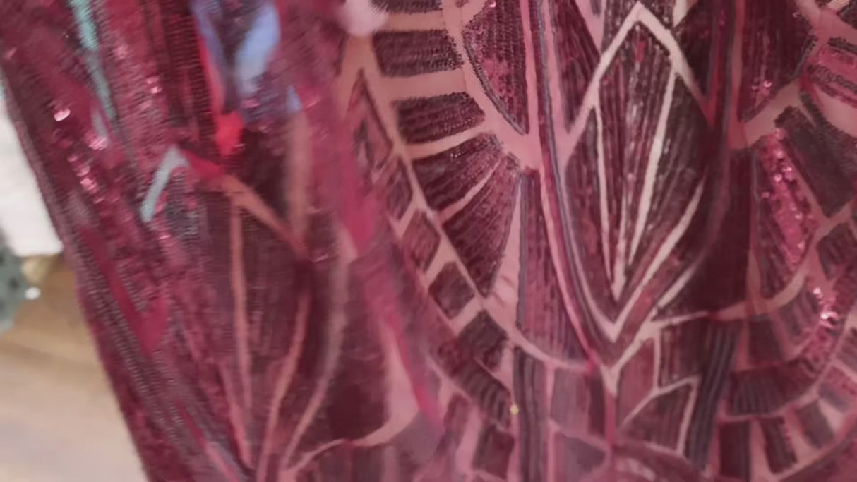 Burgundy Geometric Sequin Mesh Fabric(#SPI11) By the Yard