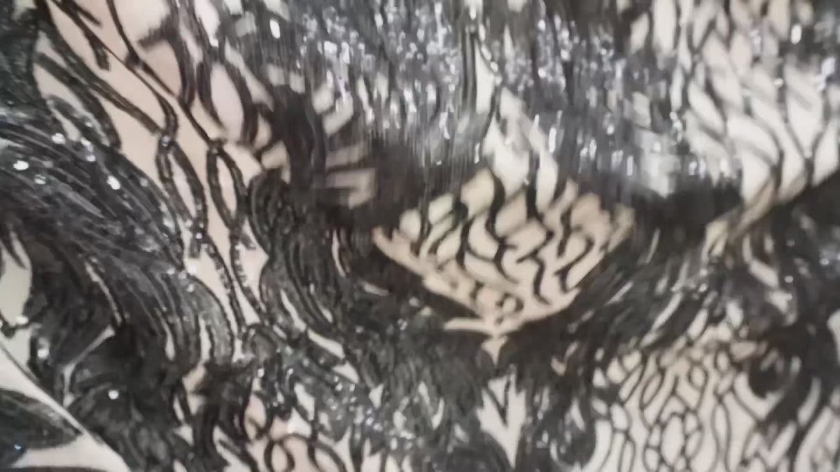 Black Sequin(Nude Base) Embroidered Mesh Fabric(#SPI16) By the Yard