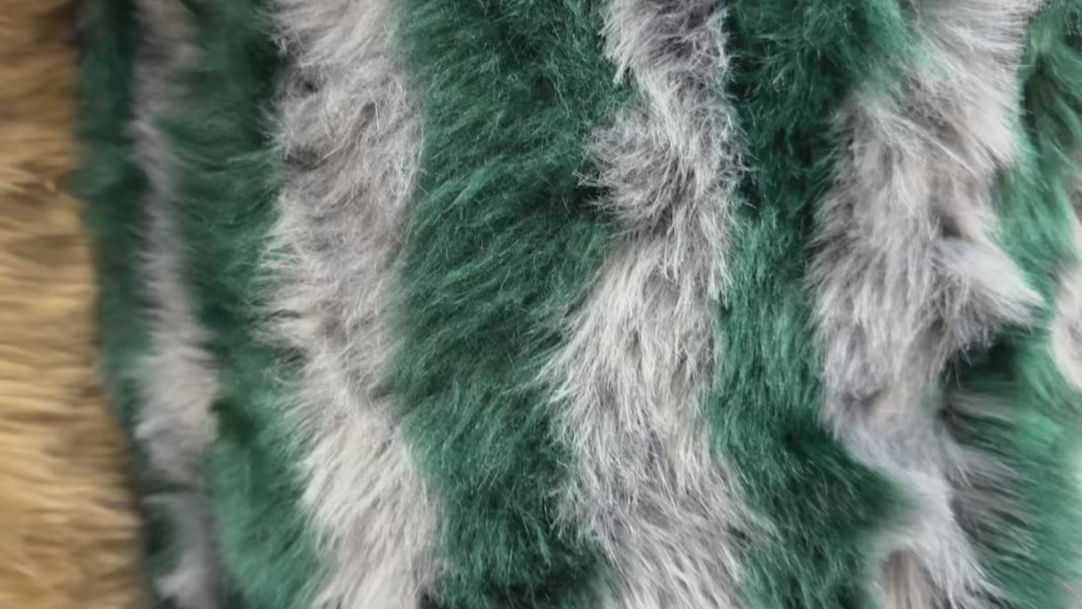 Faux Fur Fabric – Green & Gray Stripe(#FF02) by Yard